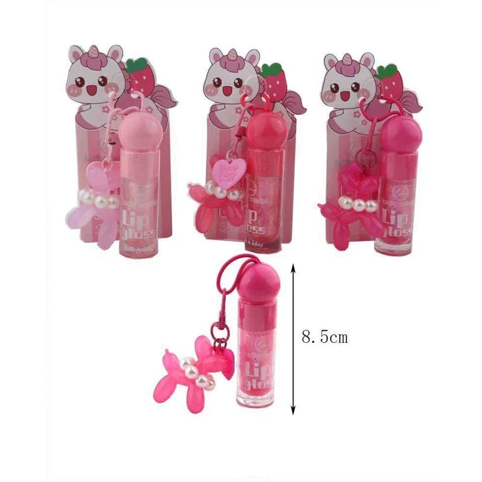 12pcs Cute Unicorn Lip Gloss Keychain Set with Balloon Dog Charm | Mini Hydrating Lip Gloss Display Box (8.5 cm) (DNV-3471)