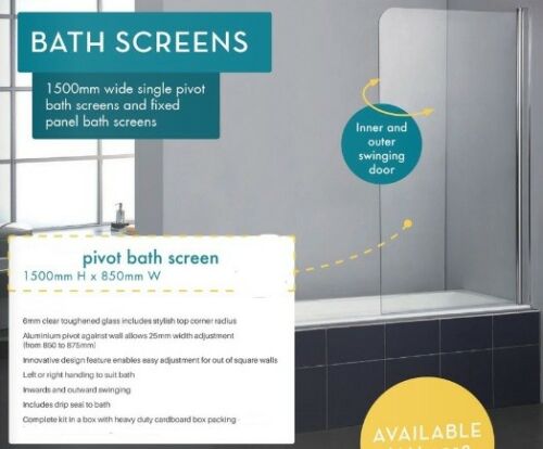 180 Degrees Pivot Door 6mm Safety Glass Bath Shower Screen 850x1500mm - Image 2