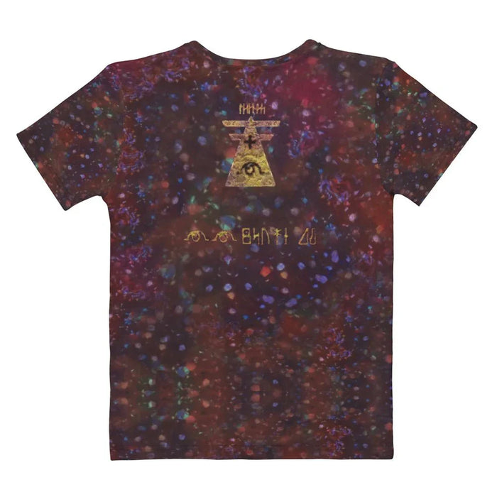 1st Edition Holographic Women's Tee - The specific "Ancient" text layout surrounding the stylized feline silhouette against the sparkly, distinctive cosmic maroon (#3E1E24) background with cerulean blue (#007BA7) star fields and pale gold (#F0E68C) outlines.