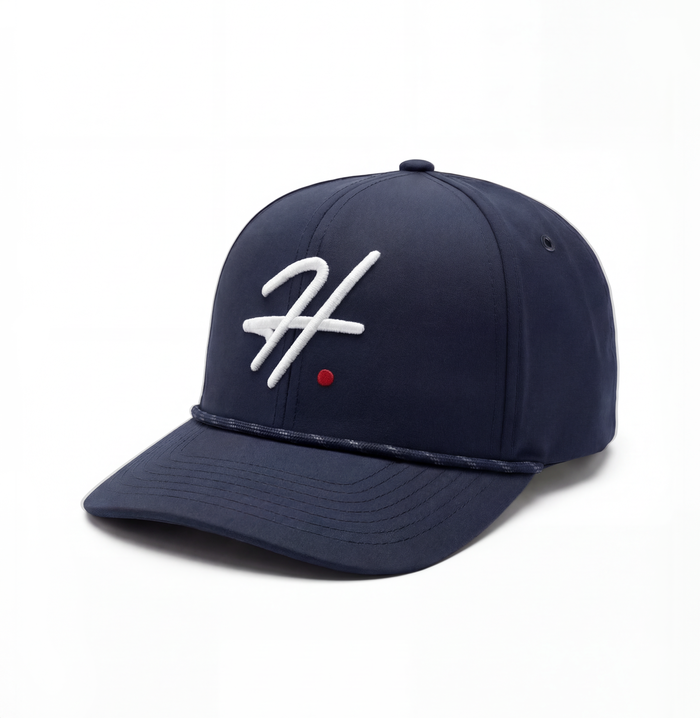 Navy Blue Men's golf hat with a white H logo and a red dot on a white background