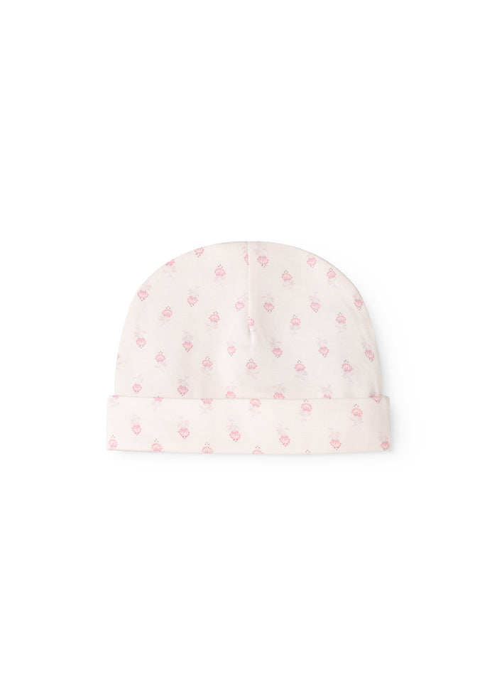 Babyhue in light white with pink floral print, round shape and smooth edge.