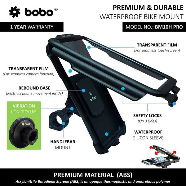 BOBO BM10H Pro waterproof phone case
BOBO BM10H Pro waterproof motorcycle phone holder with a vibration controller, waterproof protective sleeve, and universal smartphone compatibility for all-weather riding.