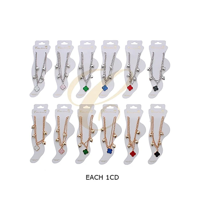 Bohemian Double-Layer Clover & Heart Charm Anklet – Gold & Silver Tone Adjustable Foot Jewelry (RAK-0150R)