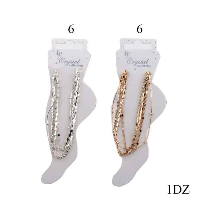 Boho Multi-Layered Crystal Anklet Set | Layered Chain Foot Bracelet in Gold & Silver | 12-Piece Pack (DBE-2850)