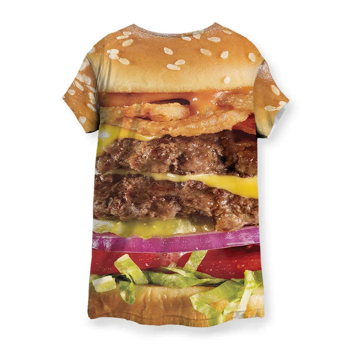 Cheeseburger Women's Tee - The dripping, hyper-saturated American Cheese (#FFC107) melded into the charred beef texture (#3E2723).