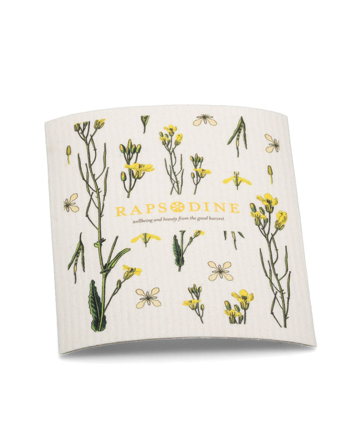 Disktrasa från Rapsodine med gula rapsblommor och botaniska illustrationer i naturlig design