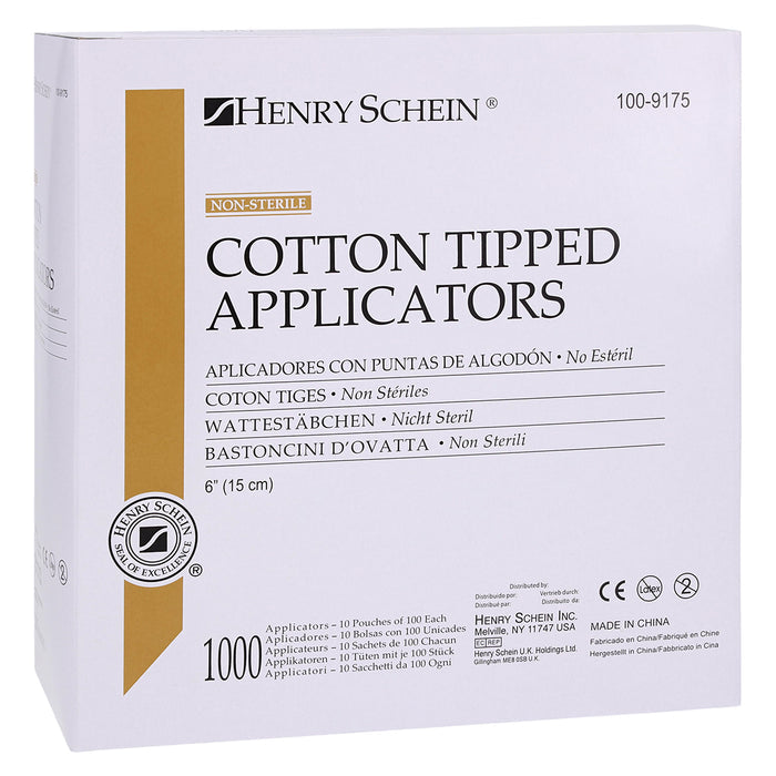 Henry Schein Cotton Tipped Applicators, Non-Sterile, Wood Handle, Single Use, 1000/Box