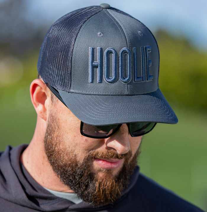 Gray-Blue Hoolie Bold Men's Golf Hat with red 3D HOOLIE logo embroidery and mesh back.
