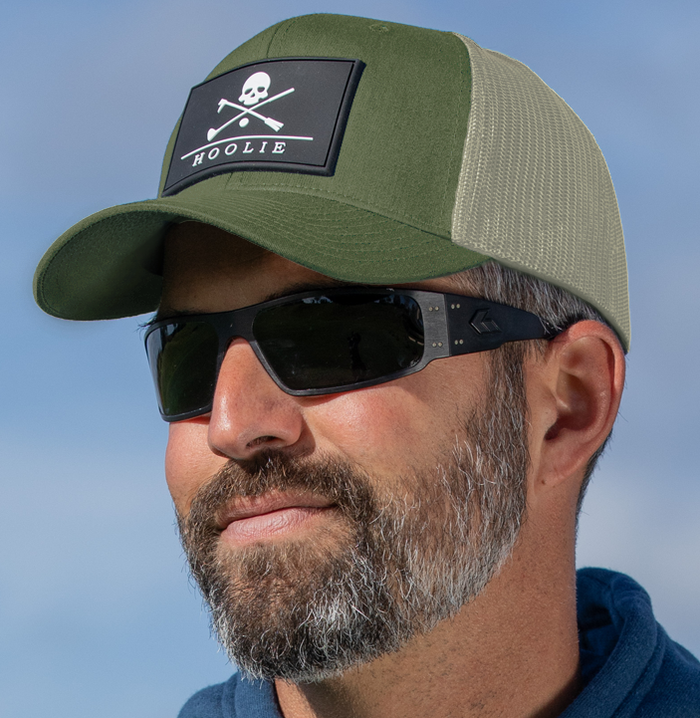 Hoolie Roger Men's Golf Hat Olive with 3D silicone skull and crossed clubs design