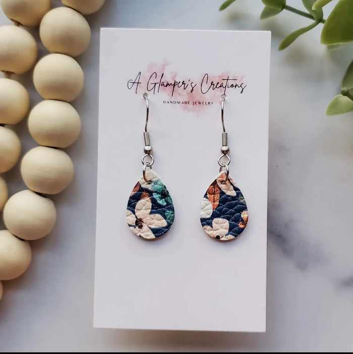 Jewelry - Navy Floral Mini Teardrop Leather Earrings