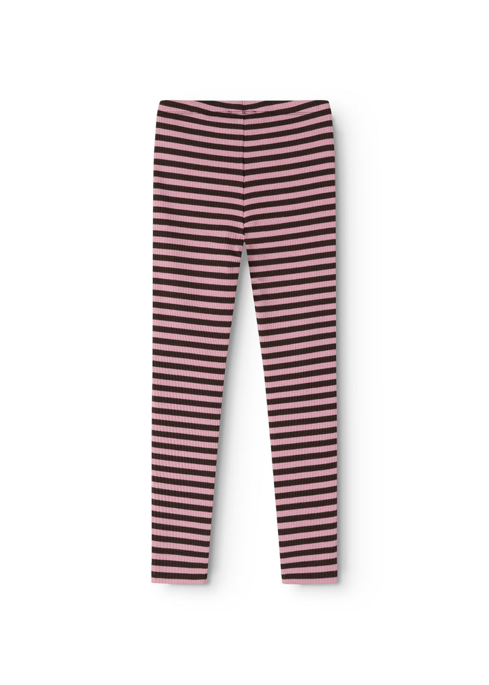 Striped leggings with elastic waist in pink and dark stripes, fitted legs.