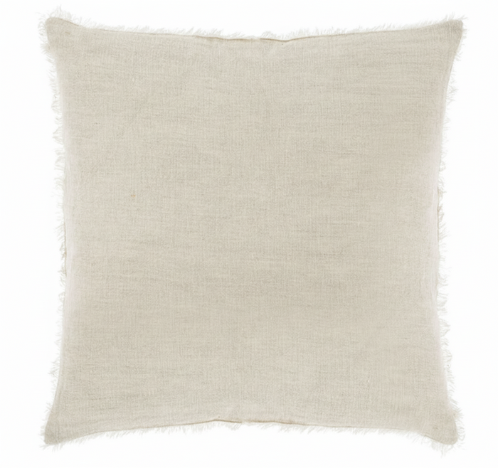 A square-shaped ivory linen cushion with a textured fabric.