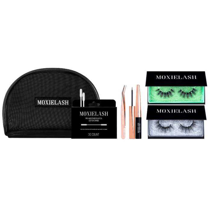 Luxe Bag Dramatic Set | Moxielash featuring two pairs of dramatic false eyelashes, dual-ended mascara, tweezers, lash adhesive, and a black carrying case for easy storage and application.