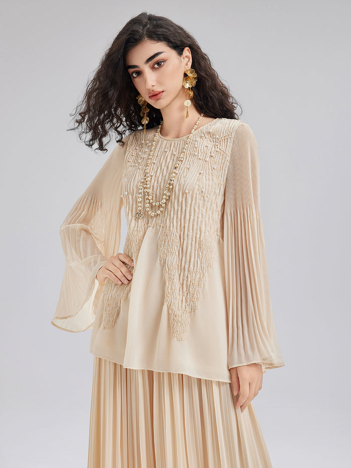 Luxe Embroidered Pleated Long-Sleeve Top