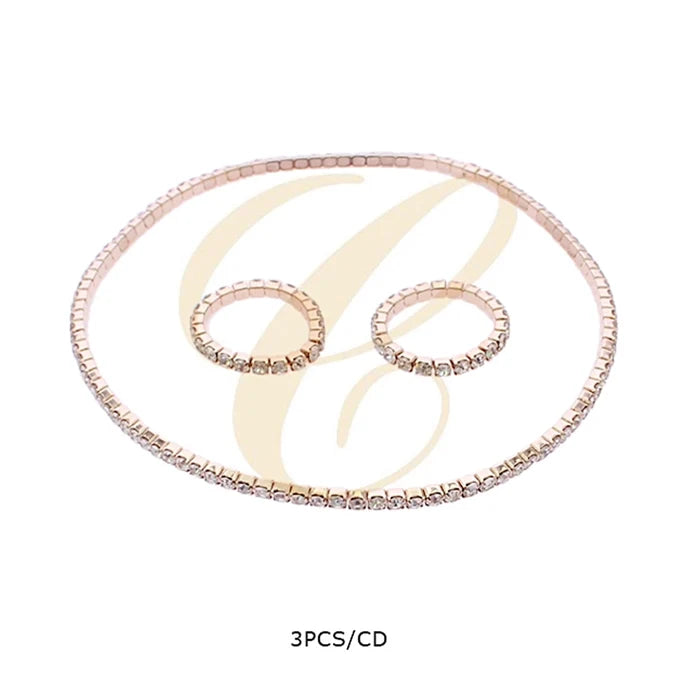 Minimalist Crystal Rhinestone Choker Necklace & Matching Hoop Earrings Set (3-Piece) (RAK-0154GC)