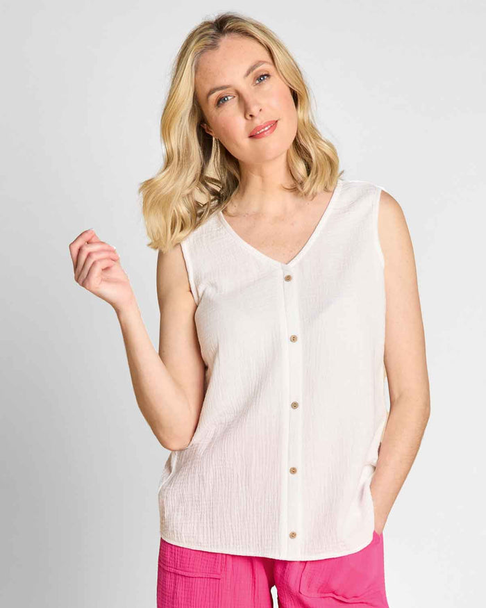 Payton Pure Cotton Button Through Sleeveless Top - James Meade