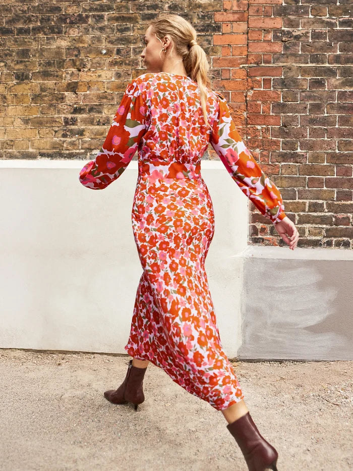 Petite Lilac And Coral Poppy Print Waist Detail Dress