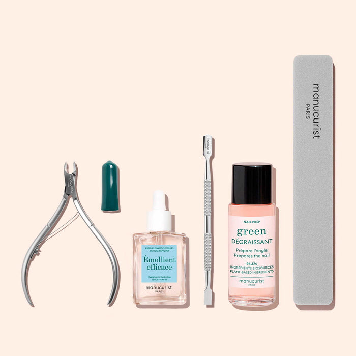 Pince à envies + Emollient + Pousse-cuticules + Dégraissant + lime prépa