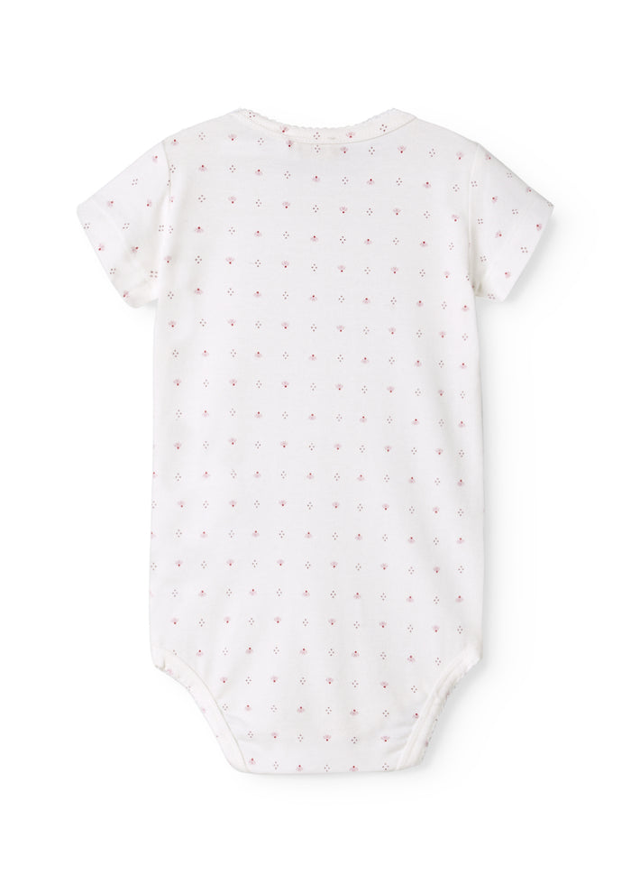 White short‑sleeve baby bodystocking with small flowers