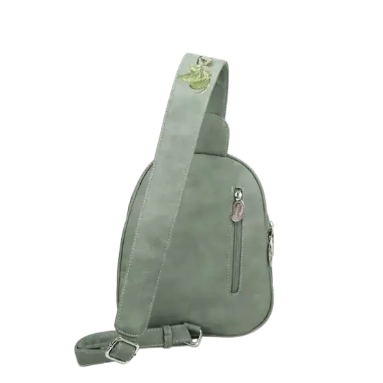 rugzak, slingbag "Tjirp", groen/ cognac/ paars