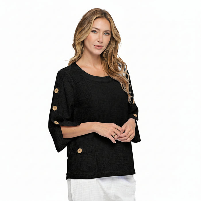 Seersucker Brush Dye Cotton Top in Black - CS111-BLK