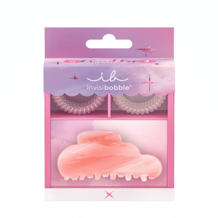 SET CloudPop 7pc | invisibobble pink hair accessories set featuring spiral hair ties and a cloud-shaped hair clip in packaging with a soft pastel gradient and star accents.
