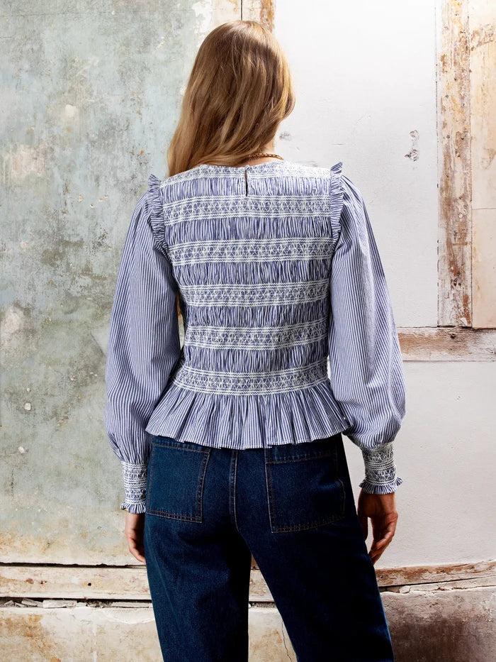 Shirred Embroidered Striped Cotton Blouse