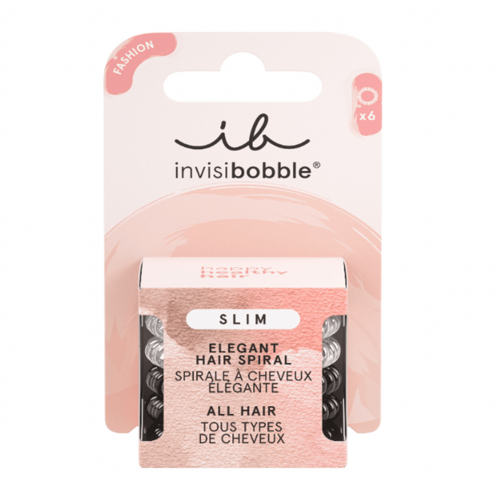 SLIM Day and Night 6 pc | invisibobble elegant hair spiral set in black and gray shades designed for all hair types, packaged in a soft pink and white box.