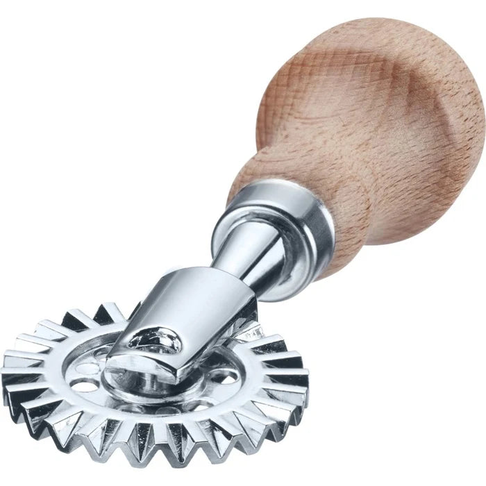 Metallic dough cutter Sofia with wooden handle on a white background.