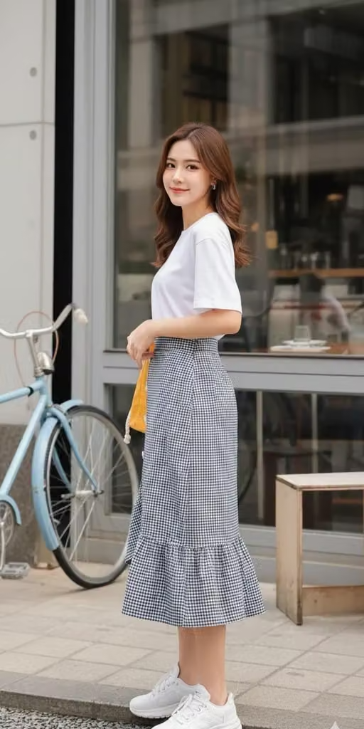 WIND Women's High-Waist Blue Gingham Check Asymmetric Ruffle Skirt – Retro Vintage Midi Skirt