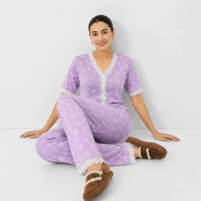 Women's Maroon Jersey Cotton Pajama Set Smiley Print