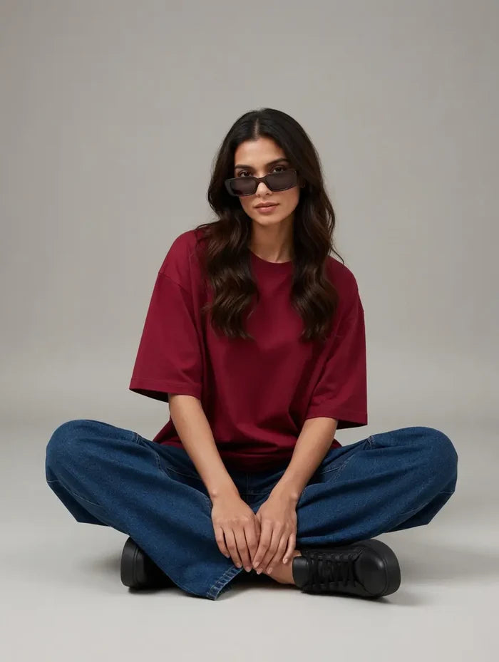 Women's Maroon Oversized Poly Cotton T-Shirt Relaxed Fit - Hinz Clothing