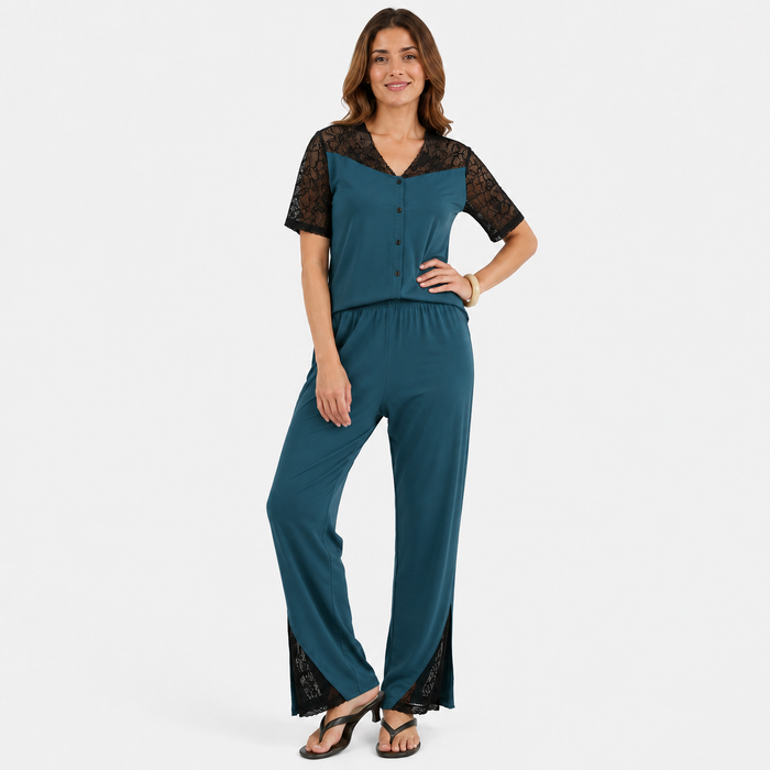 Women's Teal Lace Jersey Cotton Night Suit – Soft Regular Fit - Hinz Clothing