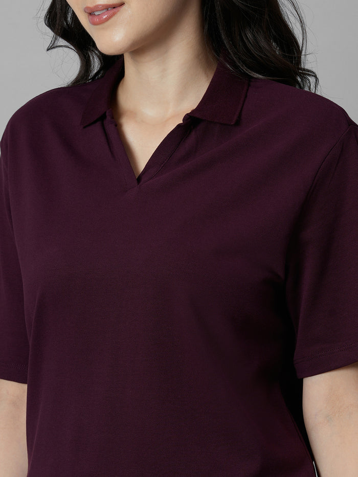 Women's Wine Cotton Elastane Regular Fit Tshirt