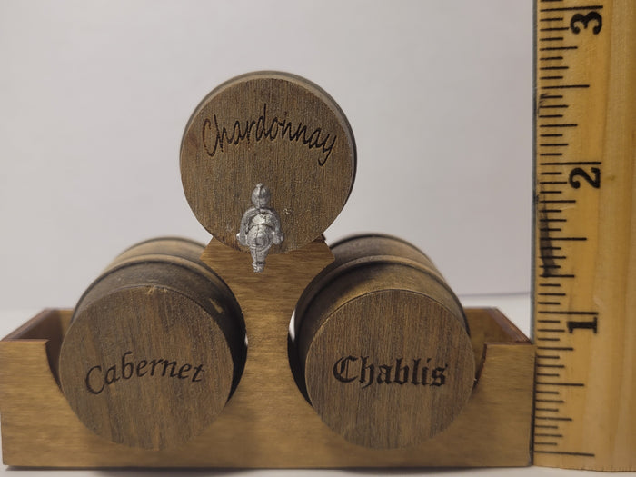 Wooden Barrel Display Stand - Medium - Chardonnay, Cabernet, and Chablis Barrels on Wood Holder