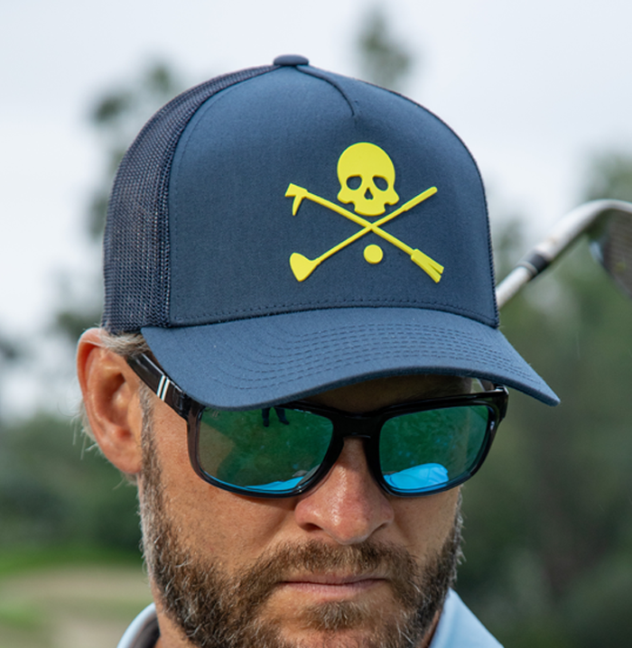 Navy Blue X Bones Men's Golf Hat snapback trucker with yellow 3D skull patch