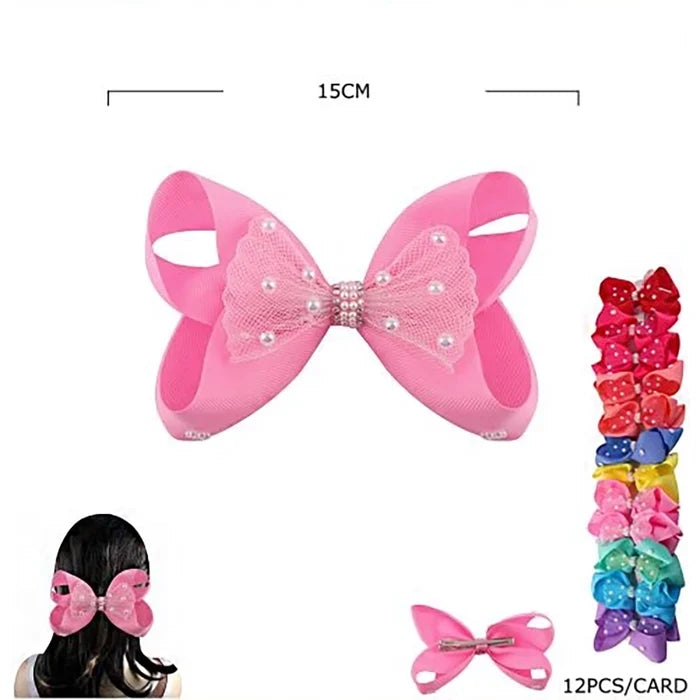 12pc Large Pearl & Rhinestone Grosgrain Hair Bow Clips Set (15 cm / 6 Inch) – Colorful Boutique Hair Accessories for Girls, Kids, and Women (HC-28194H)