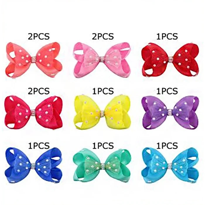 12pc Large Pearl & Rhinestone Grosgrain Hair Bow Clips Set (15 cm / 6 Inch) – Colorful Boutique Hair Accessories for Girls, Kids, and Women (HC-28194H)