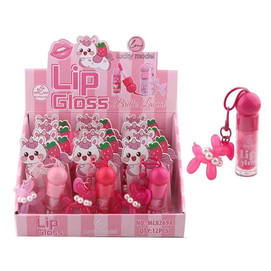 12pcs Cute Unicorn Lip Gloss Keychain Set with Balloon Dog Charm | Mini Hydrating Lip Gloss Display Box (8.5 cm) (DNV-3471)