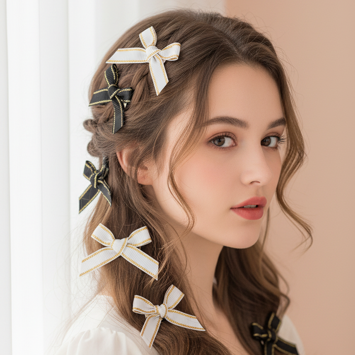 12pcs Small Ribbon Hair Bows – Elegant Black & White Mini Hair Clips with Gold Border (BW05BW)