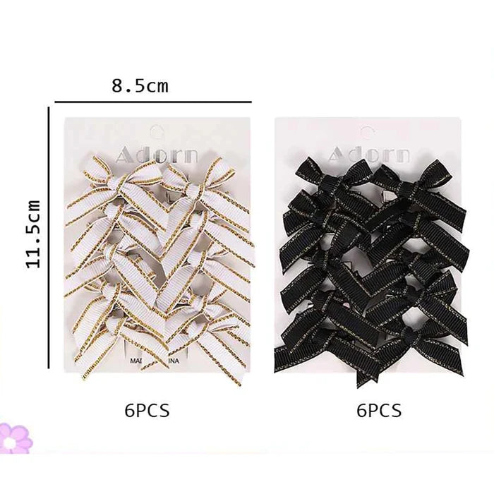 12pcs Small Ribbon Hair Bows – Elegant Black & White Mini Hair Clips with Gold Border (BW05BW)