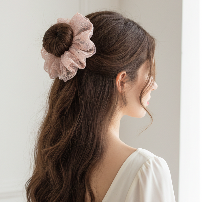 18cm Oversized Lace Scrunchies for Women - 4-Pack Large Sheer Organza Hair Ties, Elegant Embroidered Ponytail Holders, Cute Coquette Hair Accessories (HS-50280S)