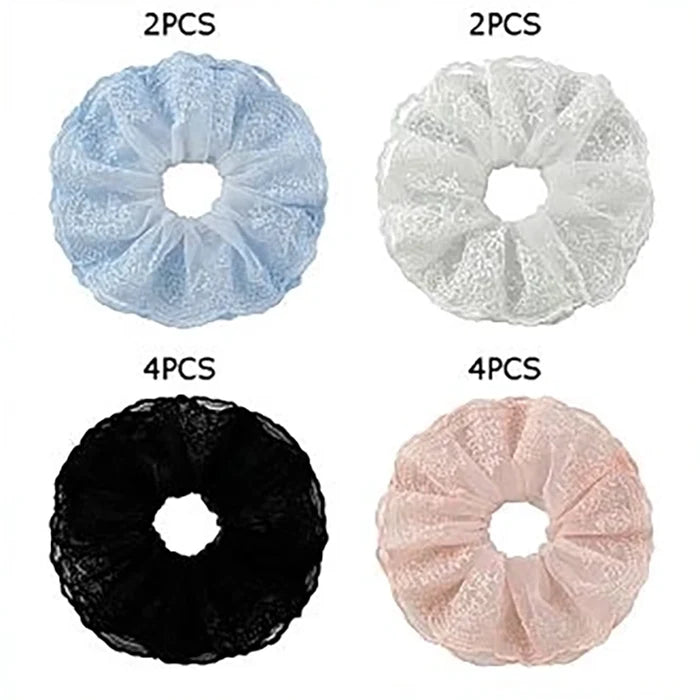 18cm Oversized Lace Scrunchies for Women - 4-Pack Large Sheer Organza Hair Ties, Elegant Embroidered Ponytail Holders, Cute Coquette Hair Accessories (HS-50280S)