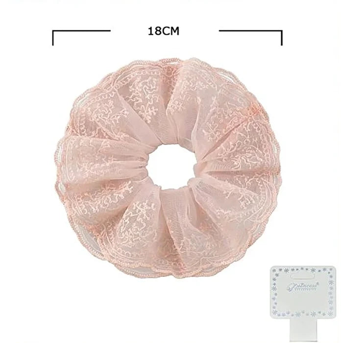 18cm Oversized Lace Scrunchies for Women - 4-Pack Large Sheer Organza Hair Ties, Elegant Embroidered Ponytail Holders, Cute Coquette Hair Accessories (HS-50280S)