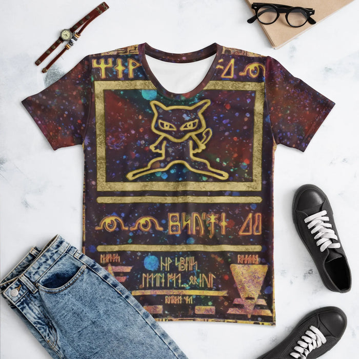 A psychic feline creature silhouette in pale gold parchment glow poses dynamically within a bronze-textured border, floating against swirling nebulas of cosmic maroon and cerulean blue star fields. Contact us with accessibility feedback, we'd love to help!