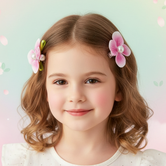 2-Piece Floral Hair Clips Set – Cute Fabric Flower & Tulip Alligator Clips with Faux Pearls for Girls and Women (Pink & Yellow) TK-1115K