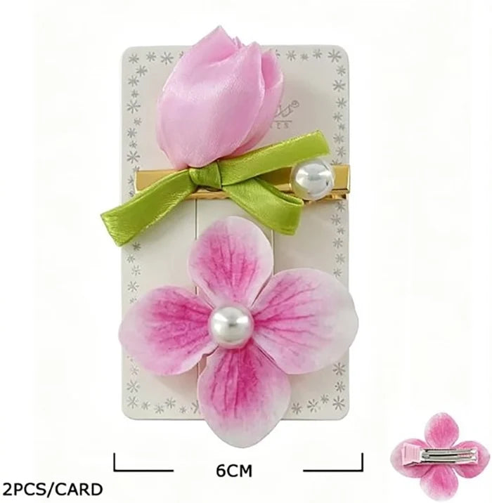 2-Piece Floral Hair Clips Set – Cute Fabric Flower & Tulip Alligator Clips with Faux Pearls for Girls and Women (Pink & Yellow) TK-1115K