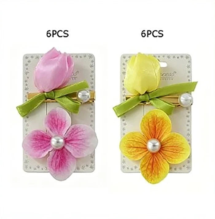 2-Piece Floral Hair Clips Set – Cute Fabric Flower & Tulip Alligator Clips with Faux Pearls for Girls and Women (Pink & Yellow) TK-1115K