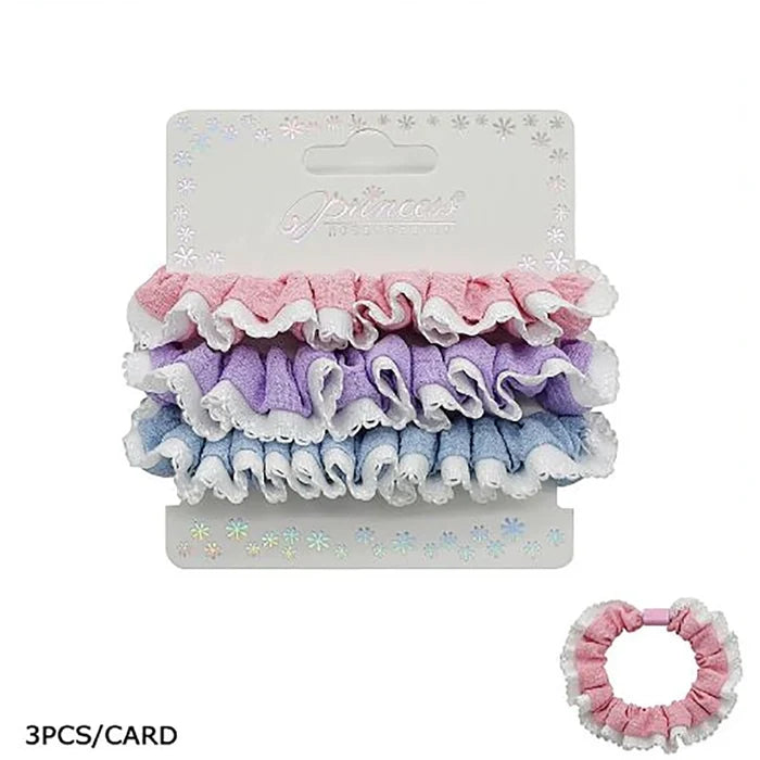 3-Pack Ruffle Lace Trim Scrunchies Set – Cute Elastic Hair Bands, Pastel Ruffled Hair Ties Ponytail Holders for Girls and Women (HS-10777S)