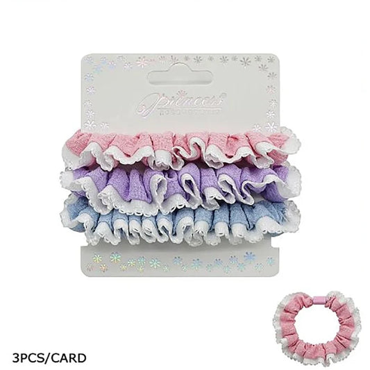 3-Pack Ruffle Lace Trim Scrunchies Set – Cute Elastic Hair Bands, Pastel Ruffled Hair Ties Ponytail Holders for Girls and Women (HS-10777S)